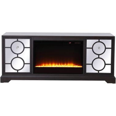Modern 60 Inch Mirrored Tv Stand With Crystal Fireplace Insert In Dark Walnut