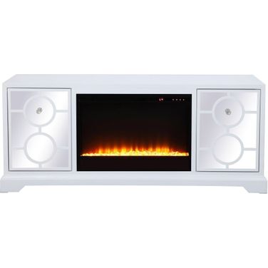 Modern 60 Inch Mirrored Tv Stand With Crystal Fireplace Insert In White
