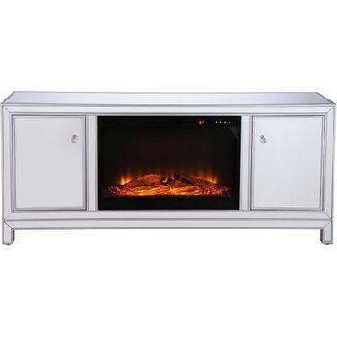 Modern 60 Inch Mirrored Tv Stand With Wood Fireplace Insert In Antique Silver