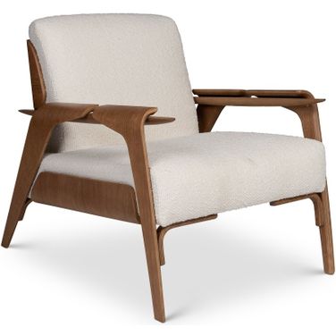 Modern Brazilian Fly Accent Chair In Boucle Ivory Upholstery and Pecan Frame