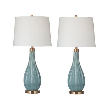 Modern Coastal 30 Inch Tall Glass Table Lamp Set of 2 with Linen Shades In Aqua and White