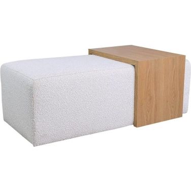 Modern Rectangular Ottoman With Wood Accent In Ivory