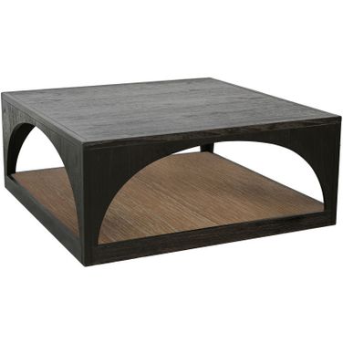 Modern Wood Coffee Table with Arched Open Shelf Design and Casters In Umbra and Oak Grove