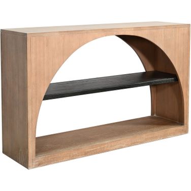 Modern Wood Sofa Table with Arched Open Shelf Design In Umbra and Oak Grove
