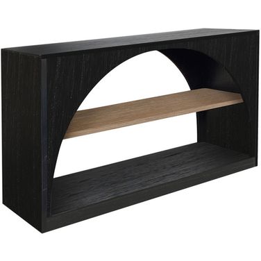 Modern Wood Sofa Table with Arched Open Shelf Design In Umbra and Oak Grove
