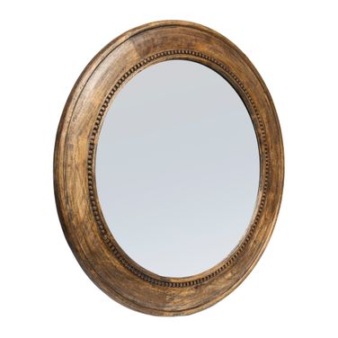 Monroe Carved Mango Wood Framed Round Wall Mirror with Hobnail Detail In Brown
