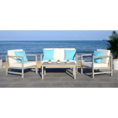 Montez Grey Wash, White and Light Blue 4-Piece Outdoor Set with Accent Pillows