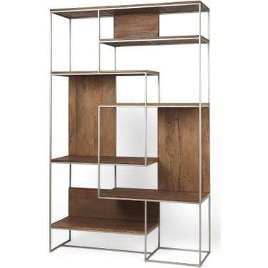 Morris Iii Brown Wood And Silver Metal Frame 6 Shelf Shelving Unit