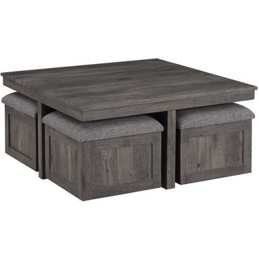 Moseberg Rustic Wood Coffee Table With Storage Stools