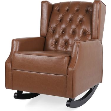 Moss Upholstered Rocking Recliner with Diamond Tufting and Wingback In Light Brown