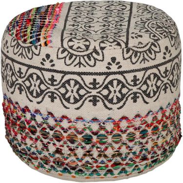 Moyra Floral/Botanical Flatweave Cotton Blend Ottoman Pouf In Multi and Beige