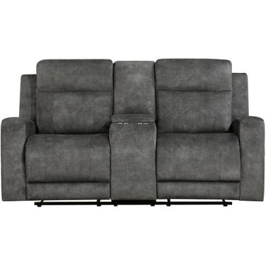 Muncie Double Reclining Loveseat with Center Console In Brown and Gray