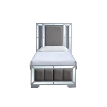 Murry LED Upholstered Panel Twin Bed in Silver