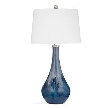 Nanda Table Lamp with Layered Art Glass Base and Tapered Drum Shade In Blue and White