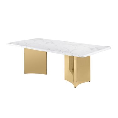 Nani 87 Inch Marble Rectangular Dining Table in White and Gold