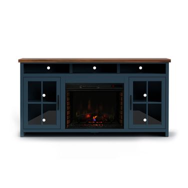 Nantucket 74 Inch Fireplace TV Stand Console In Blue Denim and Whiskey
