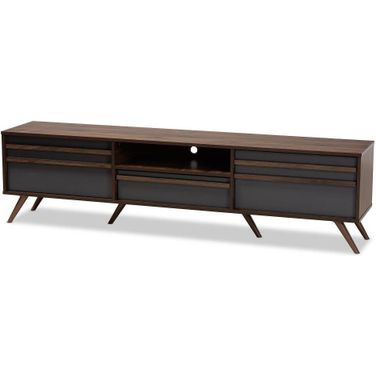 Naoki Modern and Contemporary Two-Tone Grey and Walnut Finished Wood TV Stand with Drop-Down Compartments