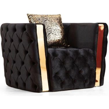 Naomi Button Tufted Chair Finished With Velvet Fabric And Gold Accent In Black