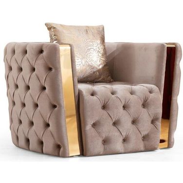 Naomi Button Tufted Chair With Velvet Fabric And Gold Accent In Off White