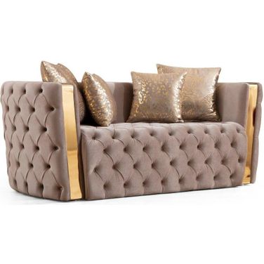 Naomi Button Tufted Loveseat With Velvet Fabric And Gold Accent In Off White