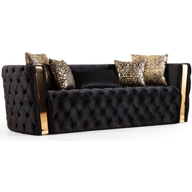 Naomi Button Tufted Sofa Finished With Velvet Fabric And Gold Accent In Black