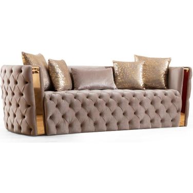Naomi Button Tufted Sofa With Velvet Fabric And Gold Accent In Off White