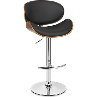 Naples Black Faux Leather Adjustable Height Swivel Walnut Wood and Chrome Base Bar Stool