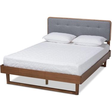 Natalia Mid-Century Modern Dark Grey Fabric Upholstered and Ash Walnut Finished Wood Queen Size Platform Bed