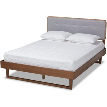 Natalia Mid-Century Modern Light Grey Fabric Upholstered and Ash Walnut Finished Wood Queen Size Platform Bed
