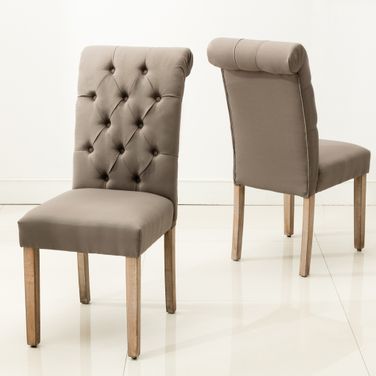 Natalie Roll Top Tufted Linen Dining Chair Set of 2 In Grey