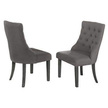 Natasha Dining Chairs Set of 2 with Tufted Seats In Dark Gray Linen Fabric