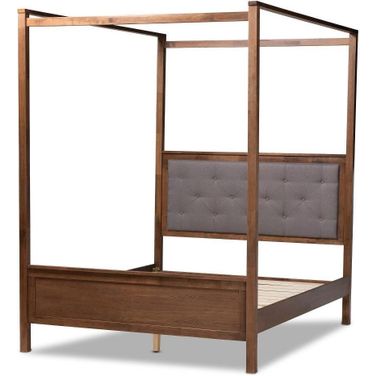 Natasha Modern and Contemporary Grey Fabric Upholstered and Walnut Brown Finished Wood King Size Platform Canopy Bed