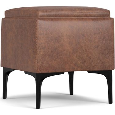Natasha Vegan Faux Leather Storage Ottoman with Tray In Distressed Saddle Brown