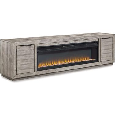 Naydell Gray 92 Inch Tv Stand With Wide Fireplace Insert