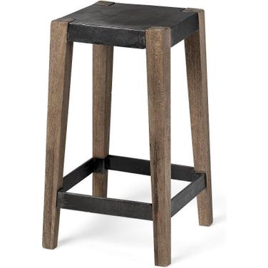 Nell 26 Inch Seat Height Black Metal Seat And Foot Rest With Brown Wood Legs Stool