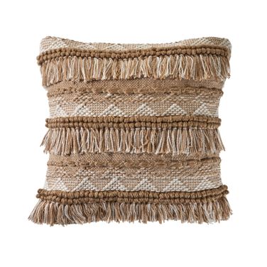 Nesta 20" x 20" Feather Filled Neutral Geometric Fringe Indoor Outdoor Throw Pillow In Beige and White