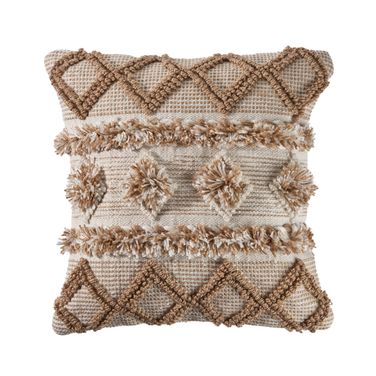 Nesta 20" x 20" Poly Filled Neutral Soft Pom Pom Geometric Indoor Outdoor Throw Pillow In Beige and White
