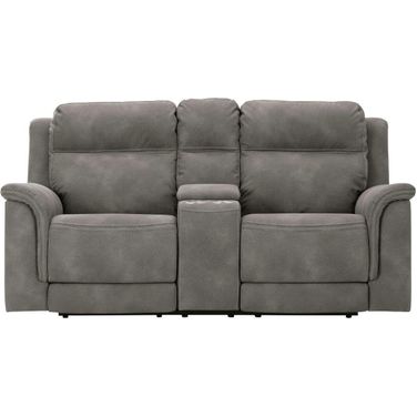 Next-Gen Durapella Power Reclining Console Loveseat With Adjustable Headrest In Slate