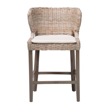 Niesha Kubu Rattan Handwoven Wicker Counter Stool with Cushion and Flared Arms Design In Grey and White