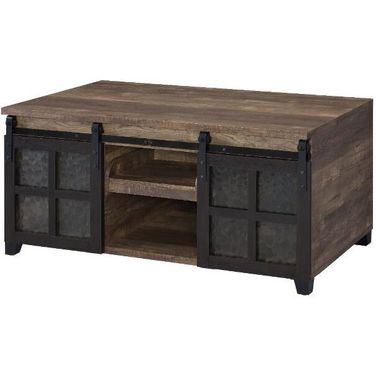 Nineel Coffee Table In Obscure Glass, Rustic Oak And Black