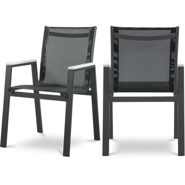 Nizuc Water Resistant Fabric Outdoor Patio Aluminum Mesh Dining Arm Chair Set of 2 In Black/Grey