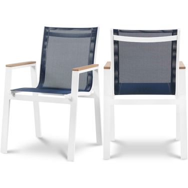 Nizuc Water Resistant Fabric Outdoor Patio Aluminum Mesh Dining Arm Chair Set of 2 In Navy and White