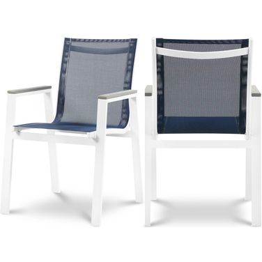 Nizuc Water Resistant Fabric Outdoor Patio Aluminum Mesh Dining Arm Chair Set of 2 In Navy