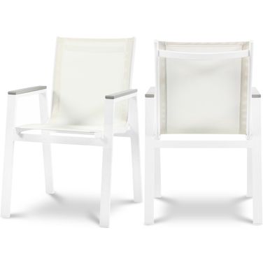 Nizuc Water Resistant Fabric Outdoor Patio Aluminum Mesh Dining Arm Chair Set of 2 In White/Grey