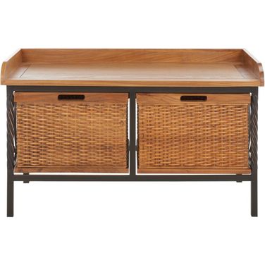 Noah Antique Pewter and Medium Oak 2-Drawer Wooden Storage Bench