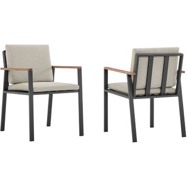 Nofi Outdoor Patio Dining Chair Set of 2 In Charcoal Finish with Taupe Cushions and Teak Wood Accent Arms