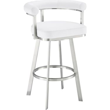 Nolagam Swivel Counter Stool In Brushed Stainless Steel with White Faux Leather