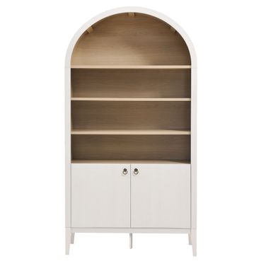 Nolan 74 Inch Tall Wide Arched Storage Display Cabinet Bookshelf In Ivory and Oak