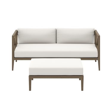Northlake Outdoor Patio Teak Wood Loveseat and Ottoman Set In Weathered Gray