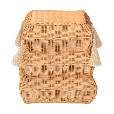 Noura Natural Rattan Footstool with Tassel Accents In Light Honey